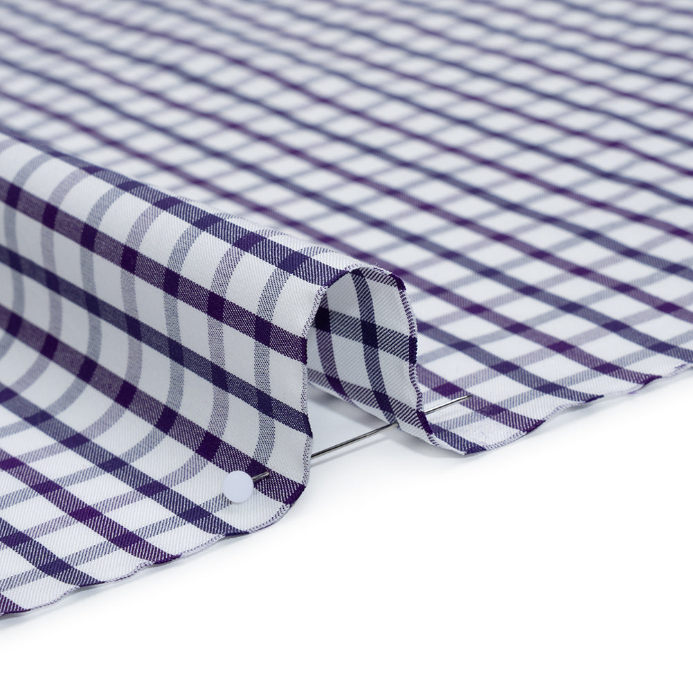 Cotton Twill Shirting - Navy Blue, Purple and White Tattersall Check - Designer Deadstock - Detail