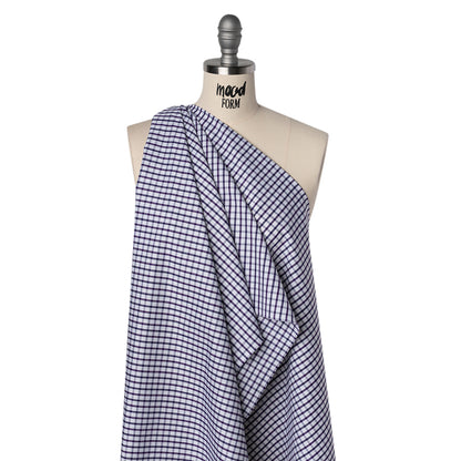 Cotton Twill Shirting - Navy Blue, Purple and White Tattersall Check - Designer Deadstock