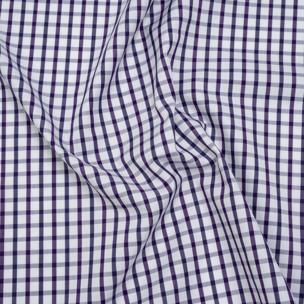 Cotton Twill Shirting - Navy Blue, Purple and White Tattersall Check - Designer Deadstock