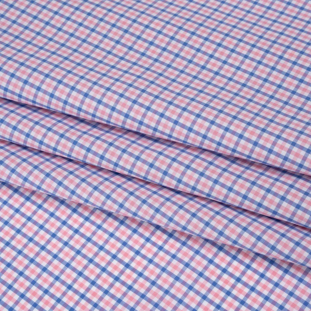 Cotton Shirting - Blue and Pink Tattersall Checks - Designer Deadstock - Folded