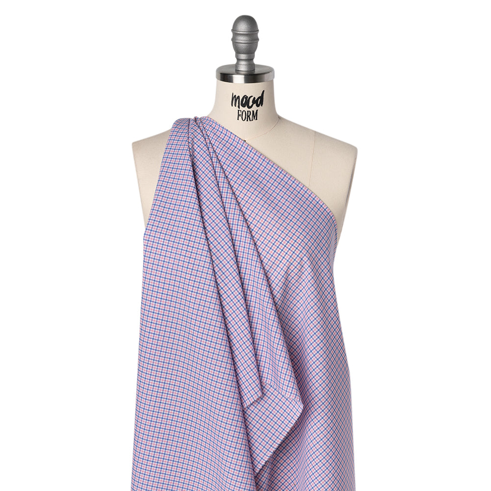 Cotton Shirting - Blue and Pink Tattersall Checks - Designer Deadstock - Drape