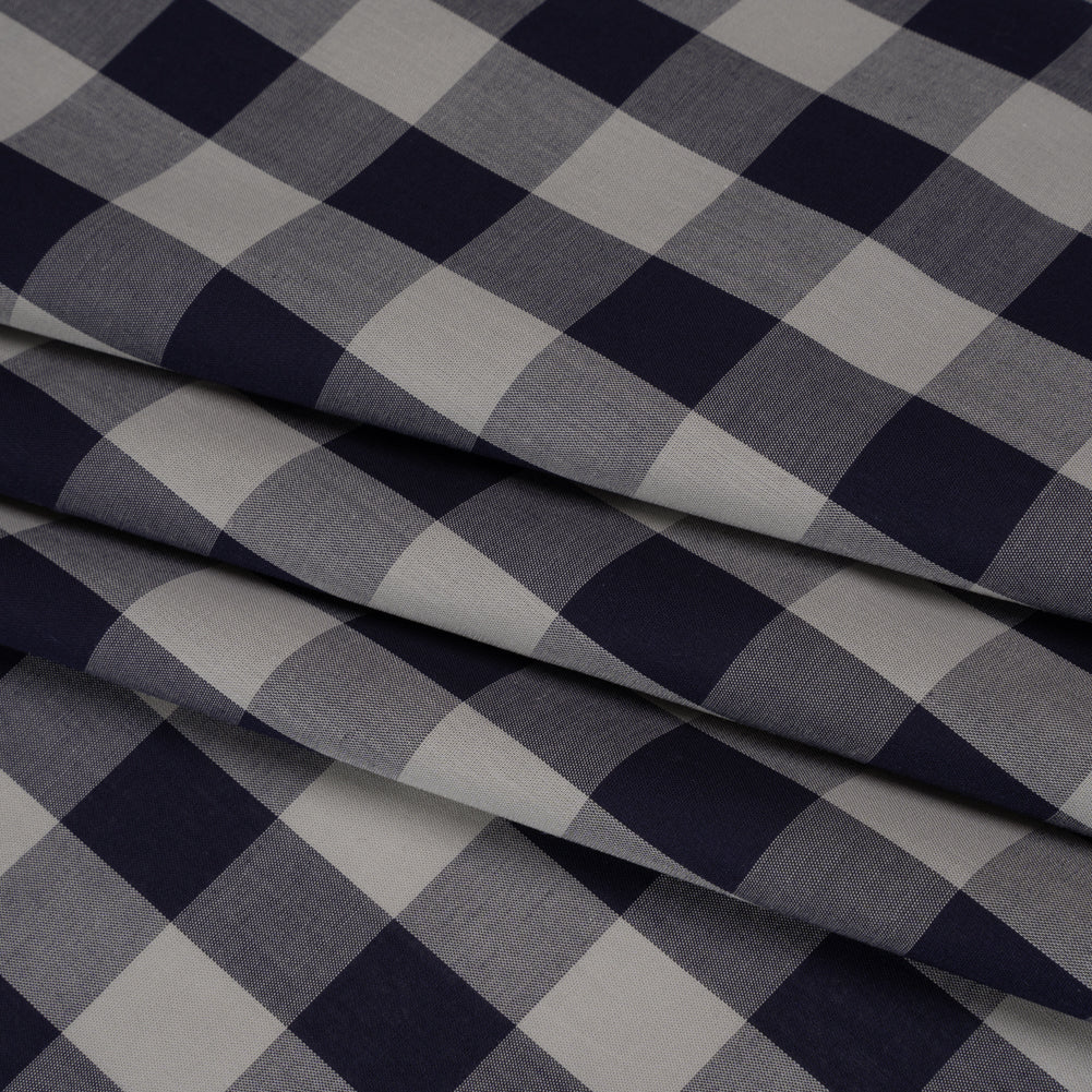 Cotton Shirting - Gray and Dark Navy Big Checks - Deadstock - Folded