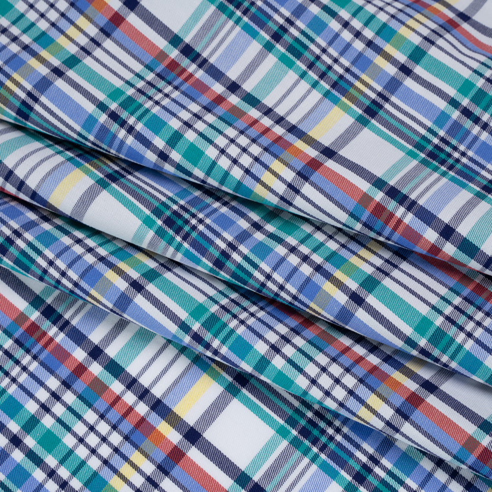 Cotton Twill Shirting - Blue, Green and Navy Colorful Plaid - Deadstock - Folded