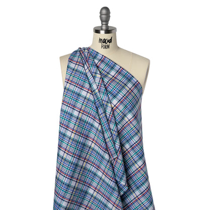 Cotton Twill Shirting - Blue, Green and Navy Colorful Plaid - Deadstock