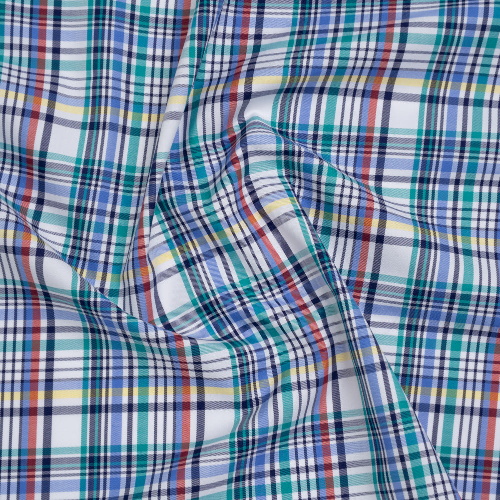 Cotton Twill Shirting - Blue, Green and Navy Colorful Plaid - Deadstock
