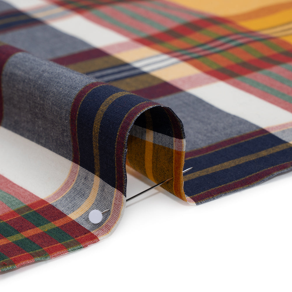Rustic Cotton Shirting - Golden Yellow, Red and Navy Blue Plaid - Deadstock - Detail