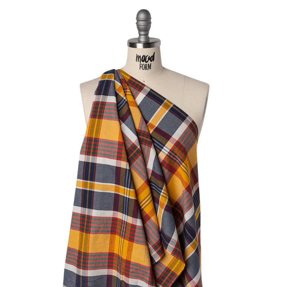 Rustic Cotton Shirting - Golden Yellow, Red and Navy Blue Plaid - Deadstock - Drape