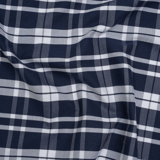 Cotton Oxford Shirting - Dark Blue and White Plaid - Deadstock
