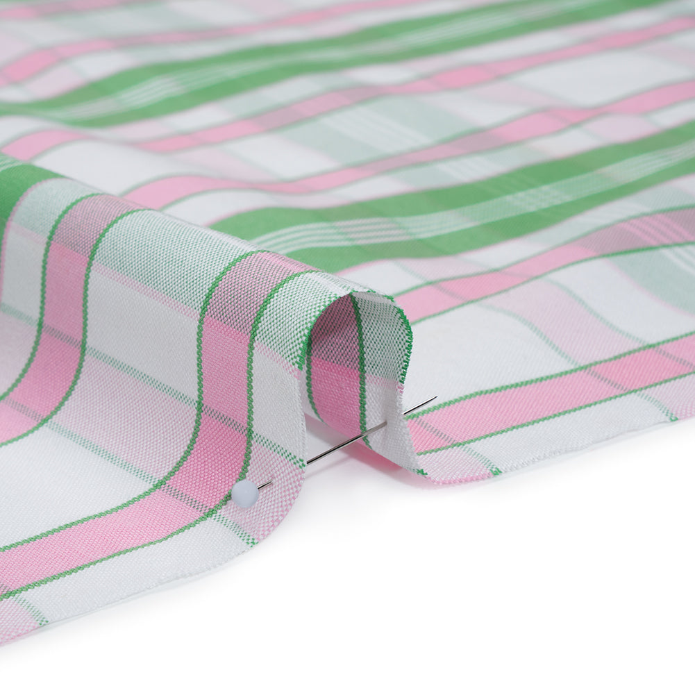 Cotton Oxford Shirting - Bubblegum Pink, Kelly Green and White Plaid - Deadstock Detail