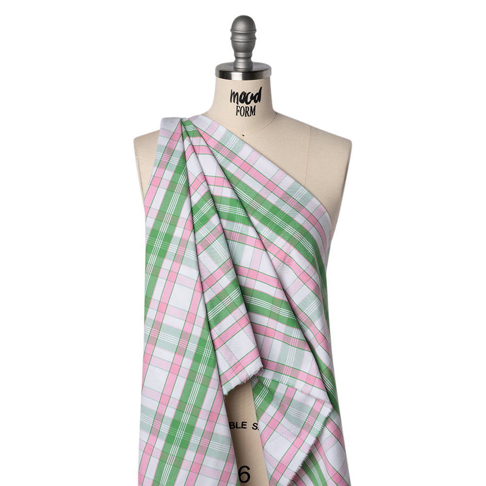 Cotton Oxford Shirting - Bubblegum Pink, Kelly Green and White Plaid - Deadstock Drape