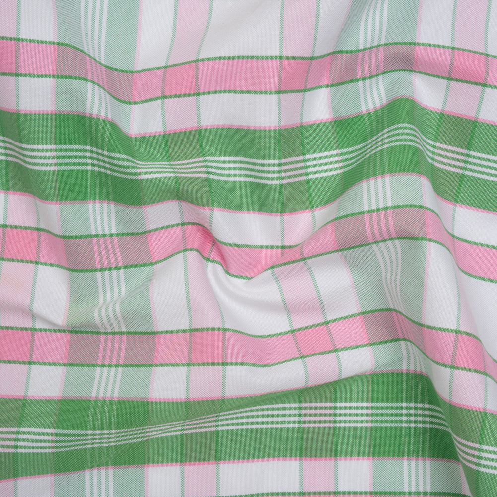 Cotton Oxford Shirting - Bubblegum Pink, Kelly Green and White Plaid - Deadstock
