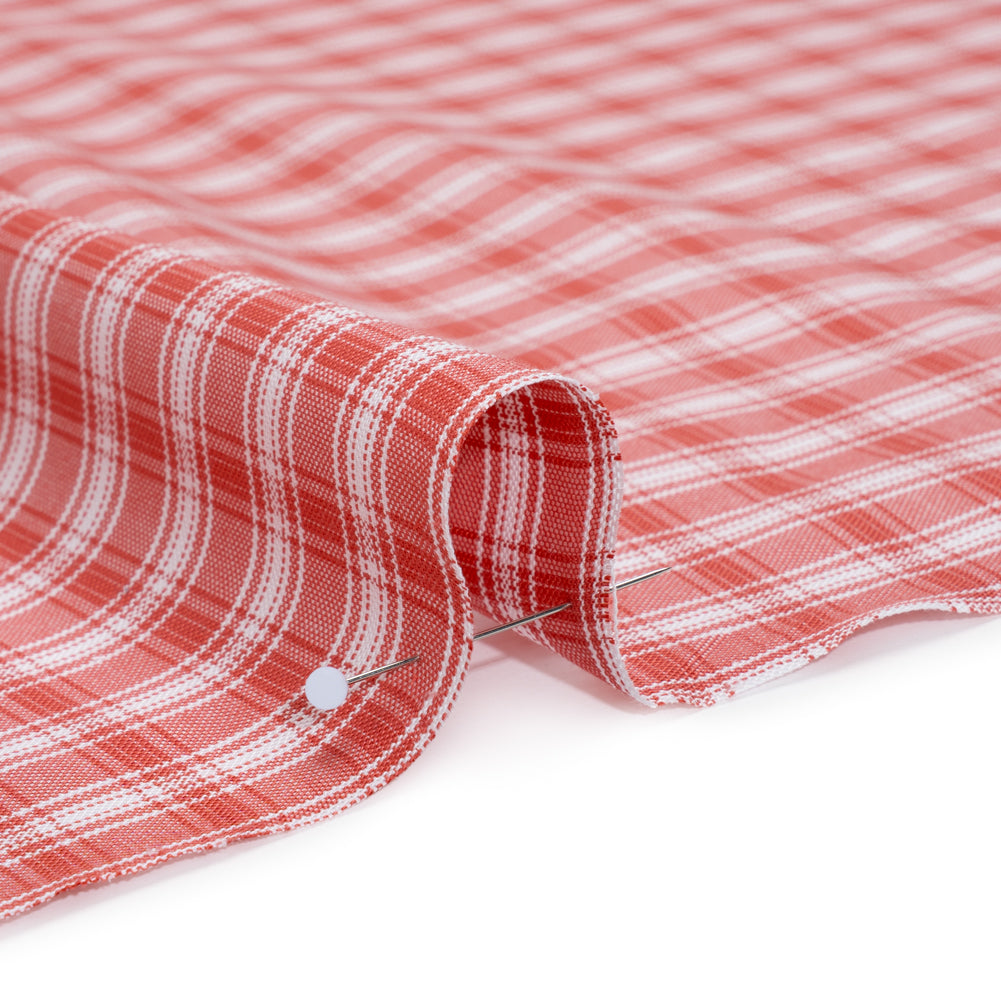 Cotton Oxford Shirting - Watermelon Red and White Plaid - Deadstock - Detail