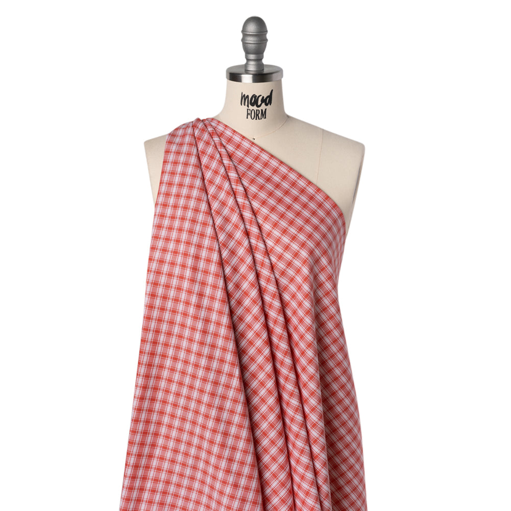 Cotton Oxford Shirting - Watermelon Red and White Plaid - Deadstock - Drape