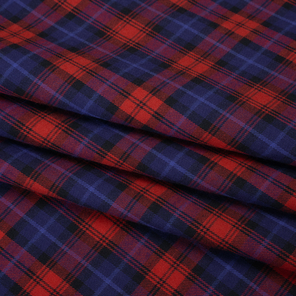 Brushed Cotton Twill Shirting - Red, Electric Blue and Black Plaid - Designer Deadstock - Folded