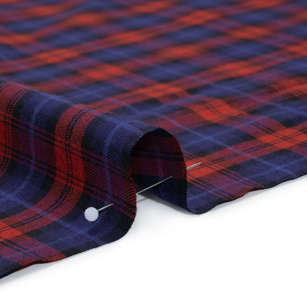 Brushed Cotton Twill Shirting - Red, Electric Blue and Black Plaid - Designer Deadstock - Detail