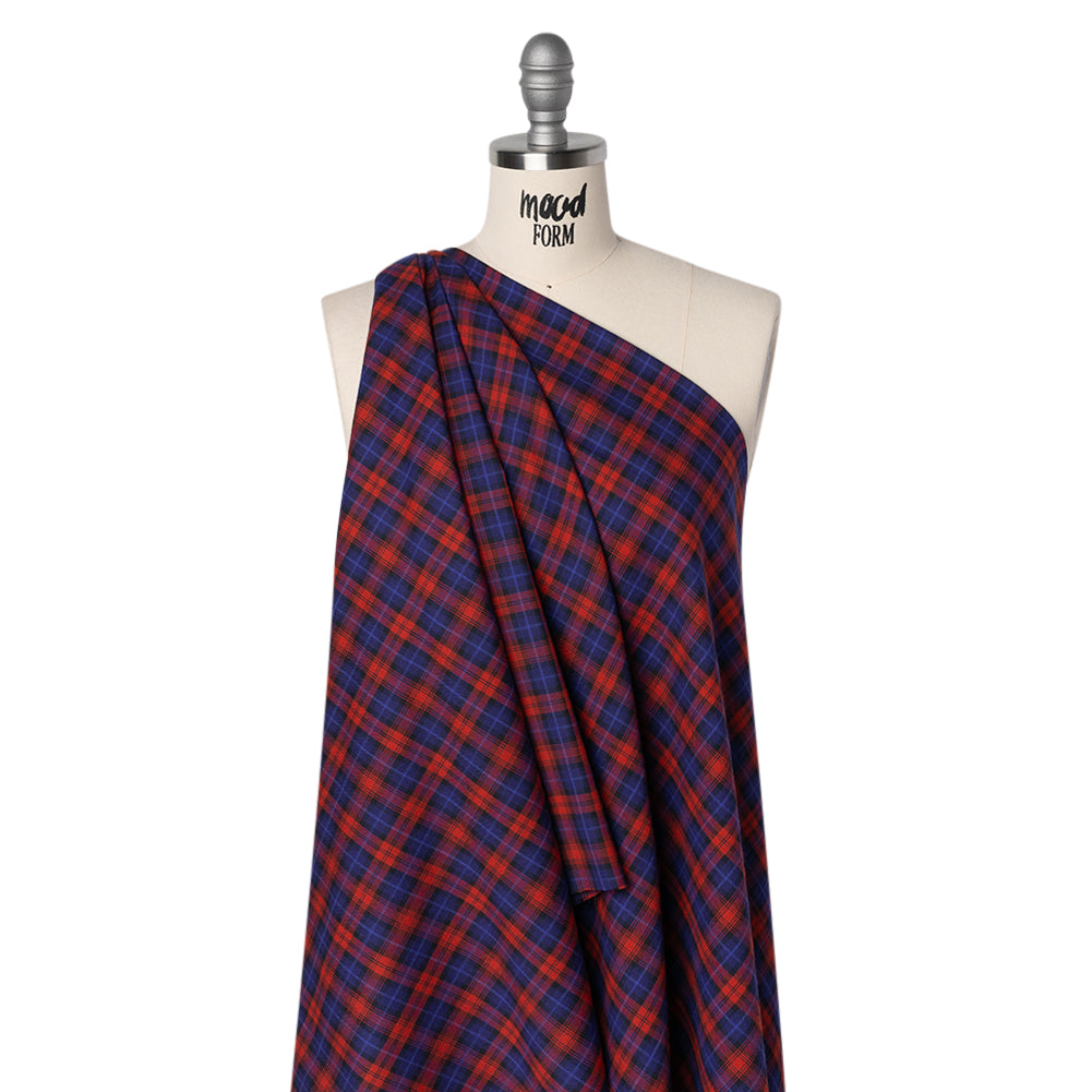 Brushed Cotton Twill Shirting - Red, Electric Blue and Black Plaid - Designer Deadstock - Drape