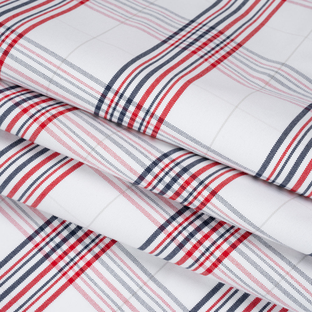 Cotton Oxford Shirting - Navy, Red, and Pale Gray Plaid - Deadstock Folded