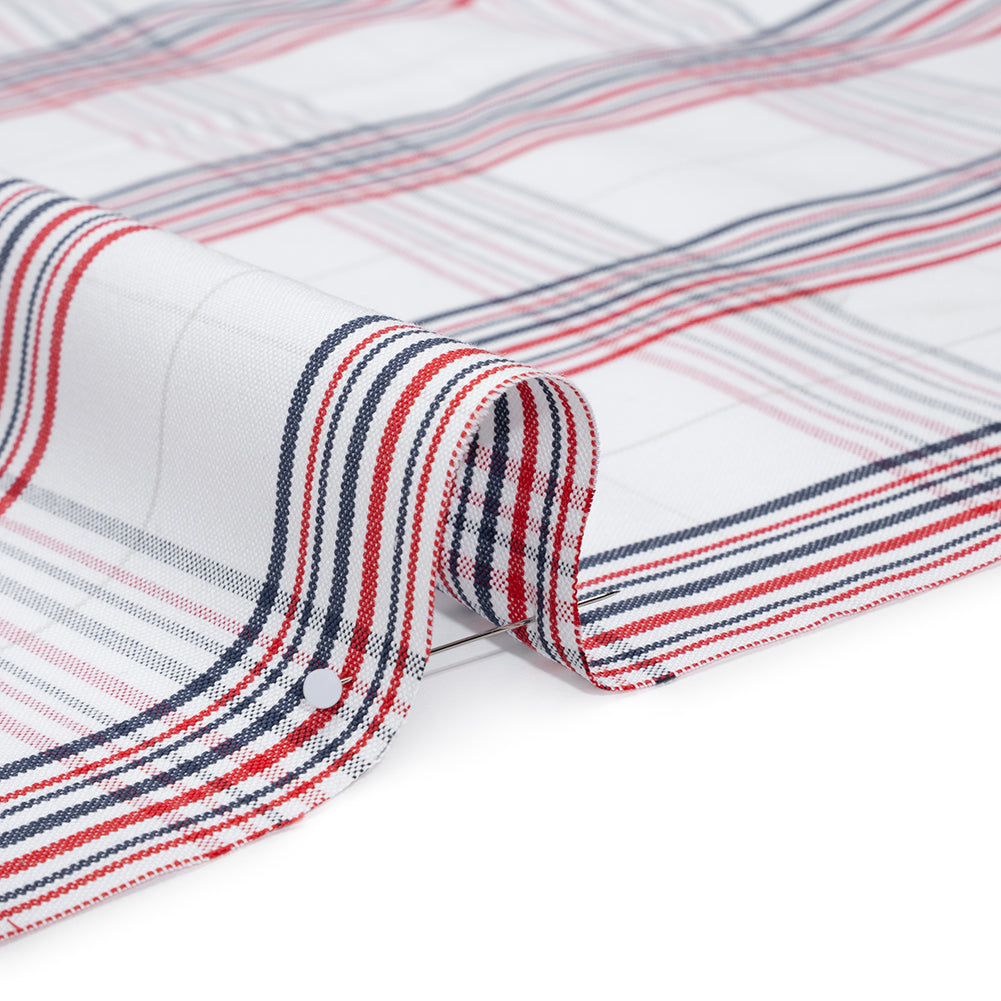 Cotton Oxford Shirting - Navy, Red, and Pale Gray Plaid - Deadstock Detail