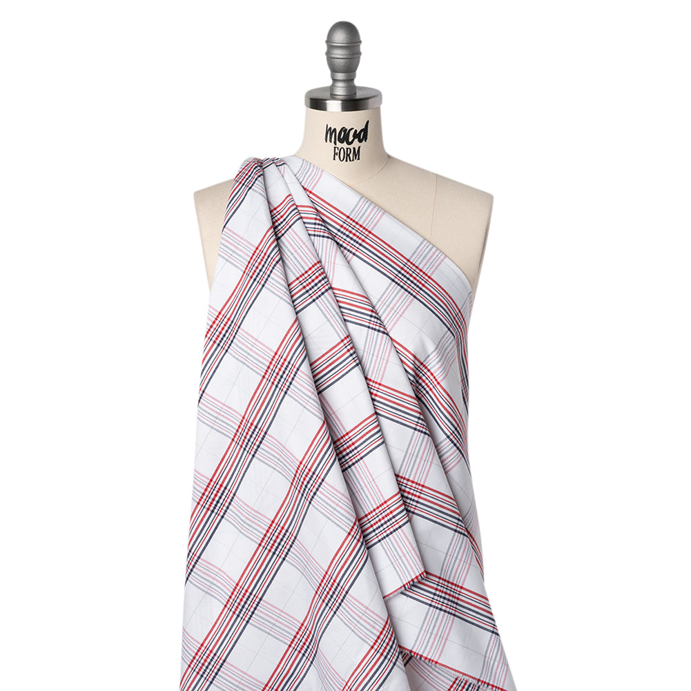 Cotton Oxford Shirting - Navy, Red, and Pale Gray Plaid - Deadstock Drape