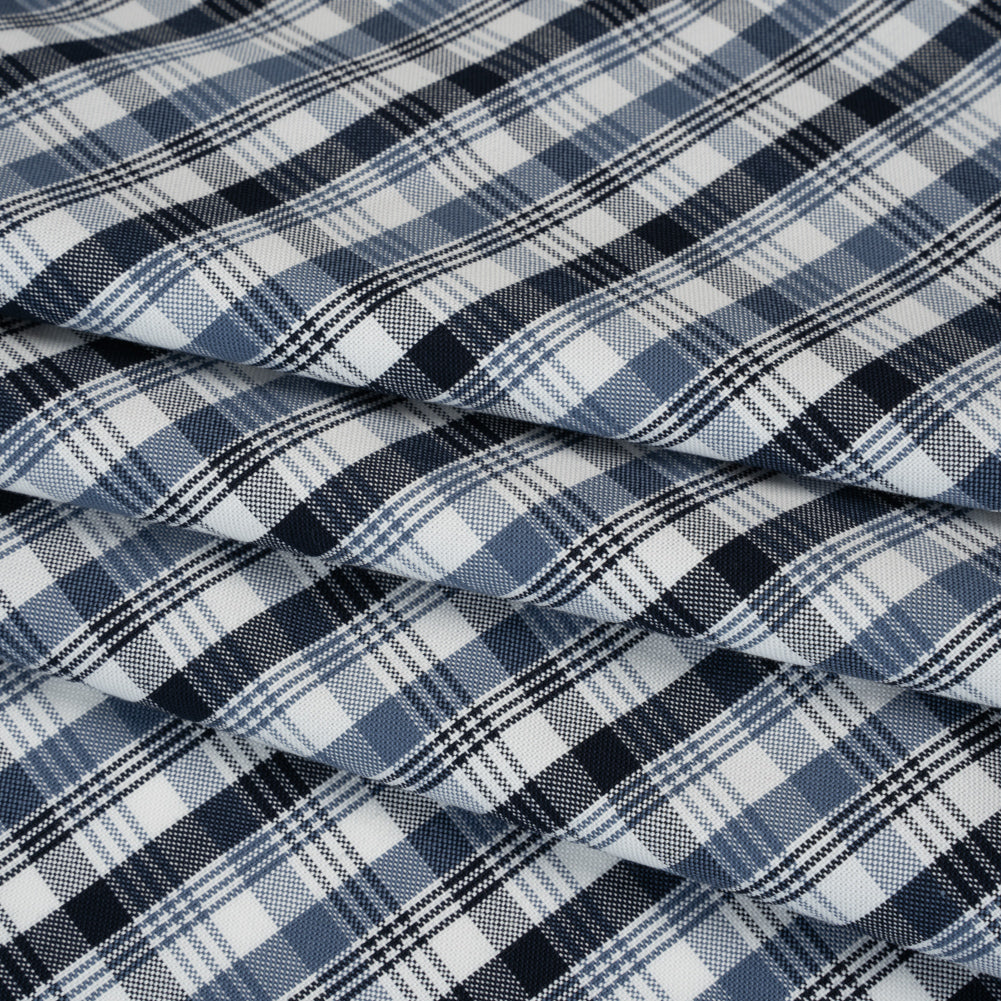 Cotton Oxford Shirting - Midnight Blue, Country Blue and White Plaid - Deadstock - Folded