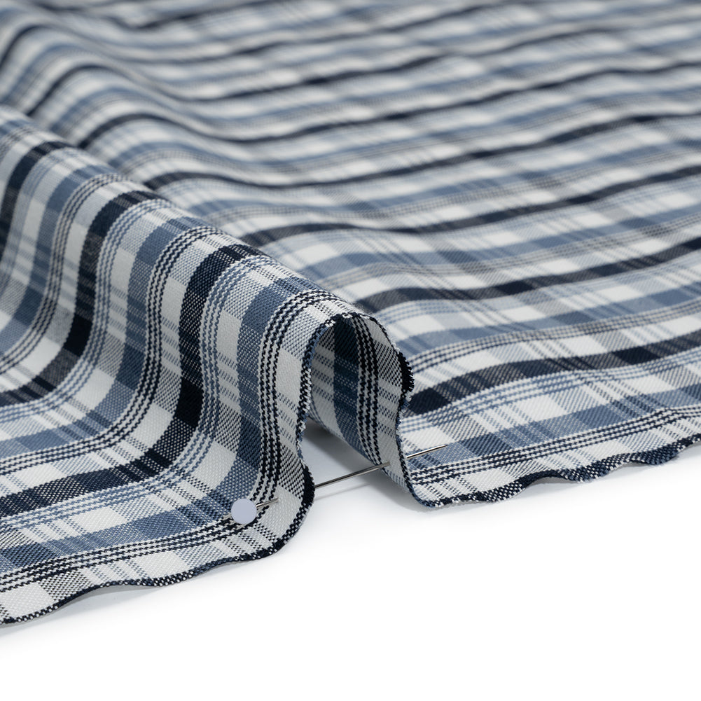 Cotton Oxford Shirting - Midnight Blue, Country Blue and White Plaid - Deadstock - Detail