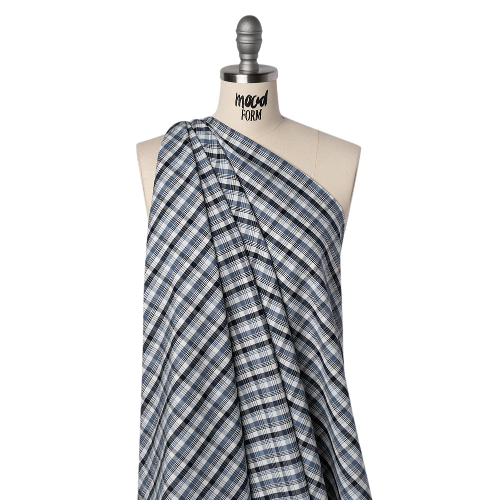 Cotton Oxford Shirting - Midnight Blue, Country Blue and White Plaid - Deadstock - Drape