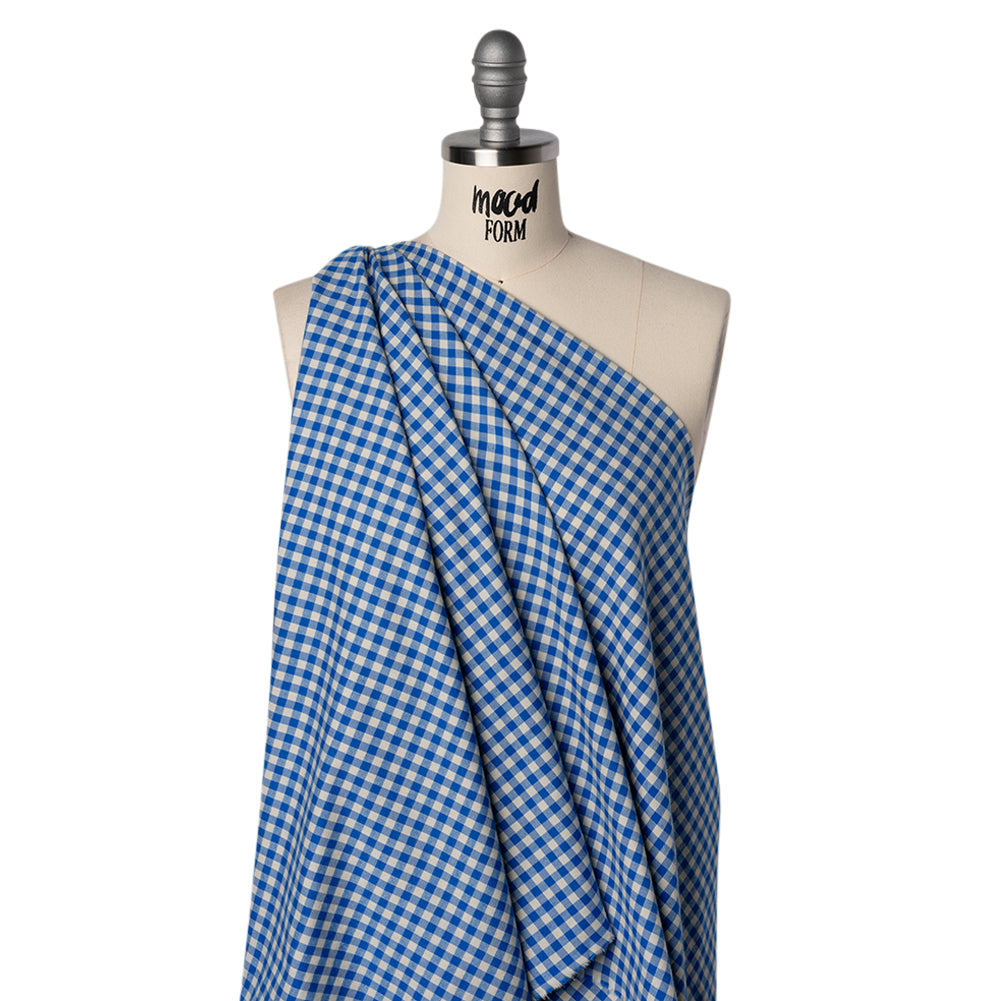 Cotton Twill Flannel - Cerulean Blue and Cream Gingham Check - Designer Deadstock - Drape