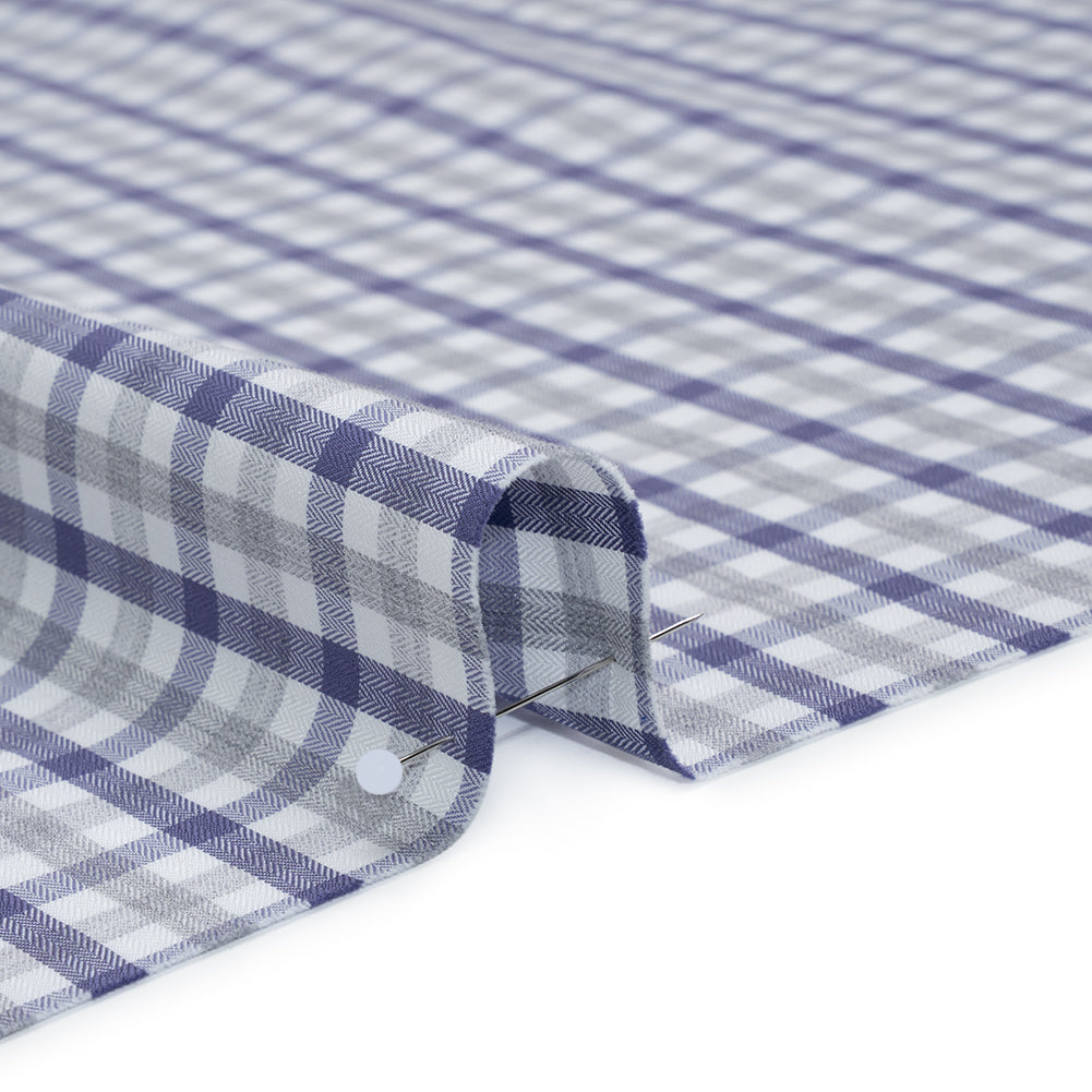 Cotton Herringbone Twill Shirting - Blue, Gray and White Tattersall Check - Deadstock Detail