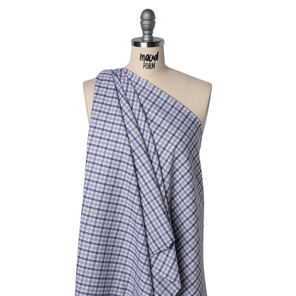 Cotton Herringbone Twill Shirting - Blue, Gray and White Tattersall Check - Deadstock Drape