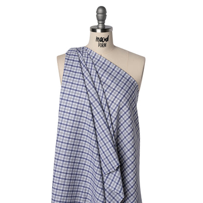 Cotton Herringbone Twill Shirting - Blue, Gray and White Tattersall Check - Deadstock Drape