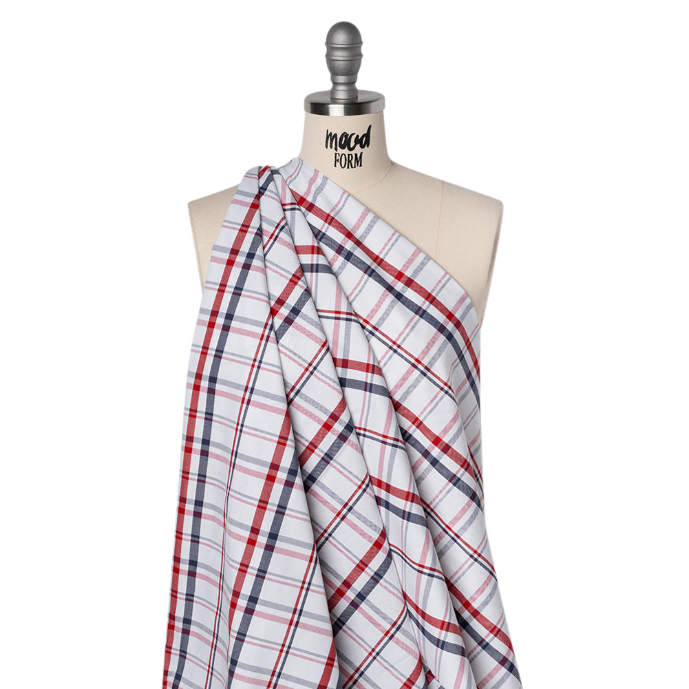 Cotton Oxford Shirting - Red, Navy and White Plaid - Deadstock - Drape