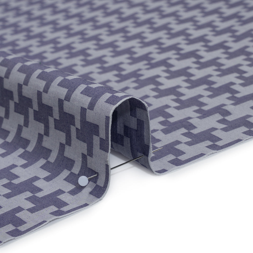 Cotton Twill Shirting - Dark Blue and White Geometric Pinwheels - Deadstock - Detail