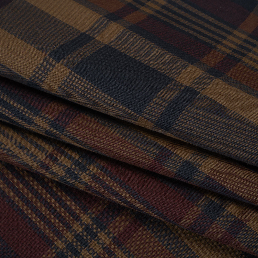 Homespun Cotton Shirting - Brown, Burgundy and Navy Plaid - Deadstock - Folded