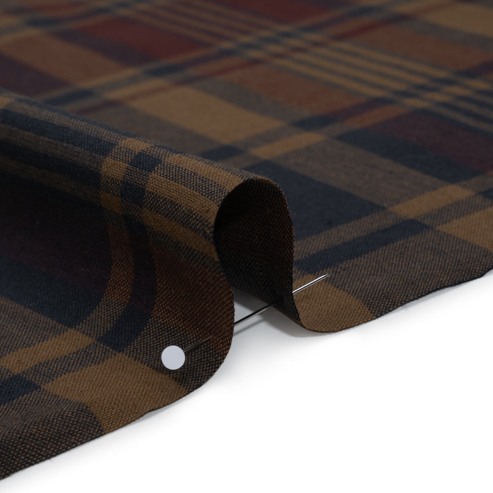 Homespun Cotton Shirting - Brown, Burgundy and Navy Plaid - Deadstock - Detail