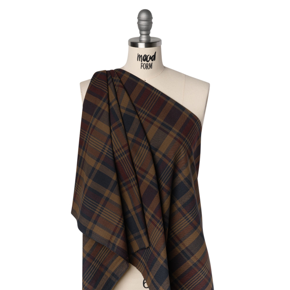 Homespun Cotton Shirting - Brown, Burgundy and Navy Plaid - Deadstock - Drape