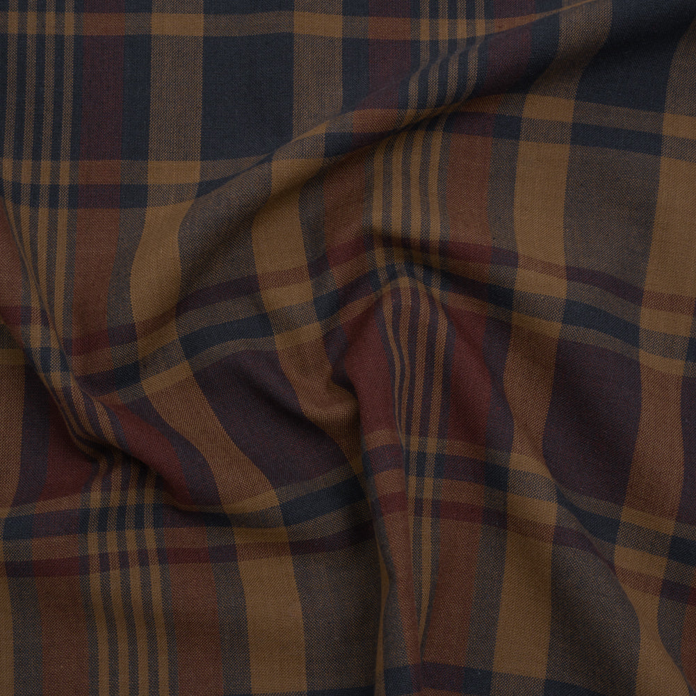 Homespun Cotton Shirting - Brown, Burgundy and Navy Plaid - Deadstock