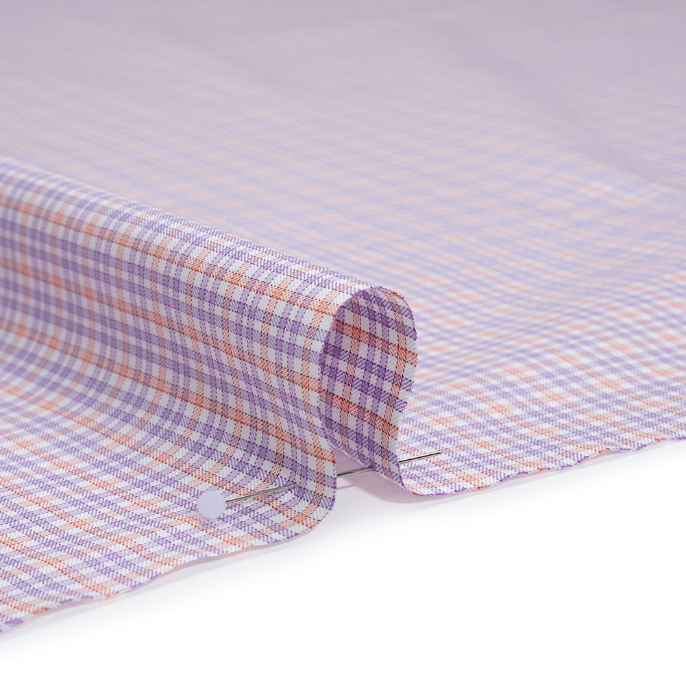 Cotton Twill Shirting - Light Purple, Peachy Orange and White Checks - Designer Deadstock - Detail