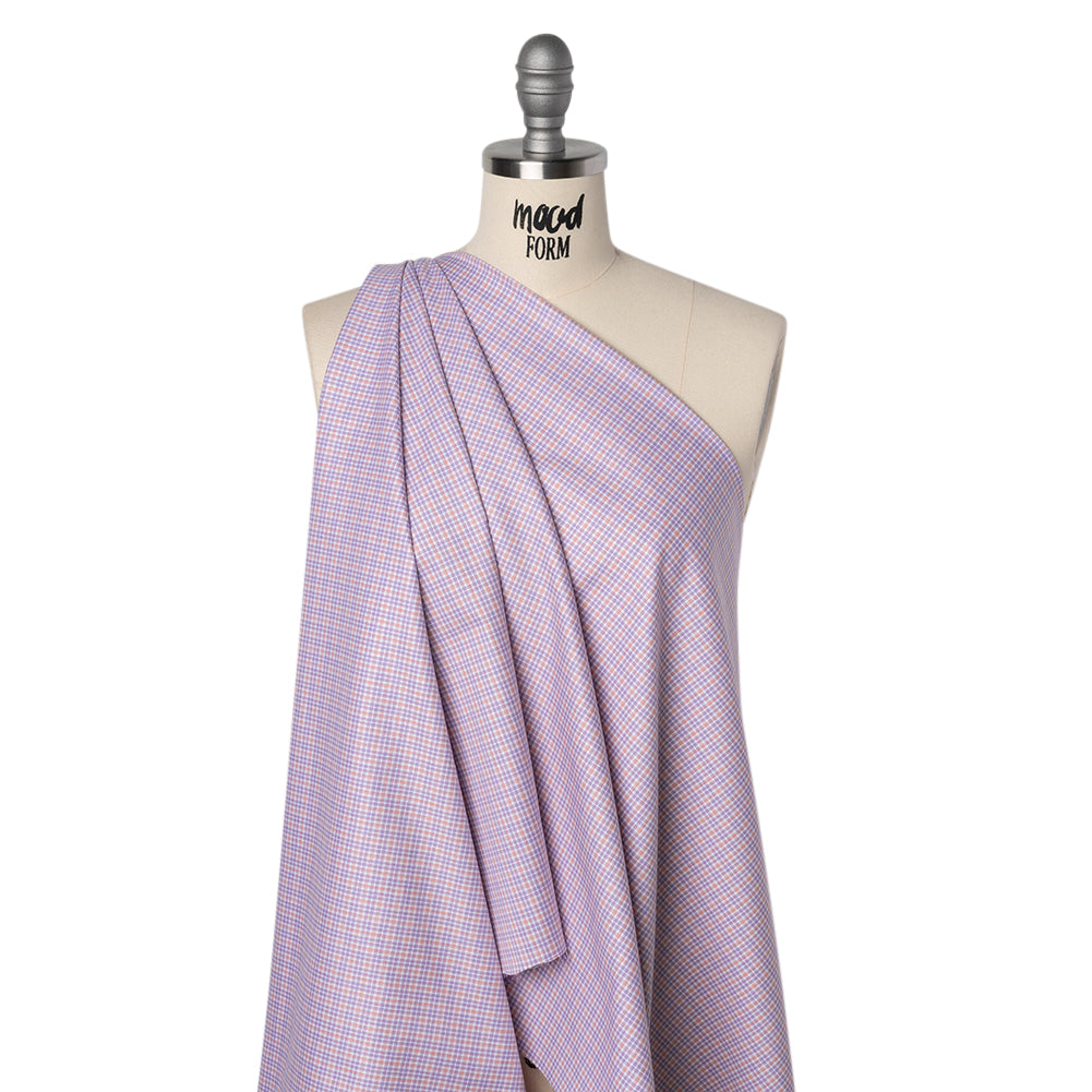 Cotton Twill Shirting - Light Purple, Peachy Orange and White Checks - Designer Deadstock - Drape