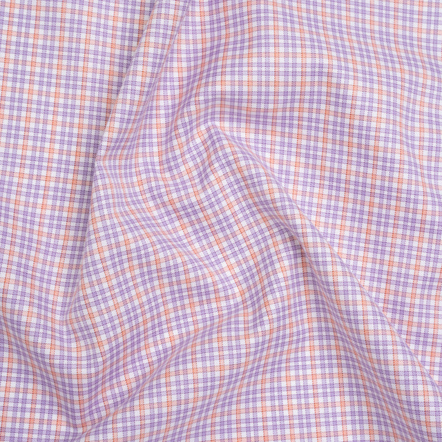 Cotton Twill Shirting - Light Purple, Peachy Orange and White Checks - Designer Deadstock