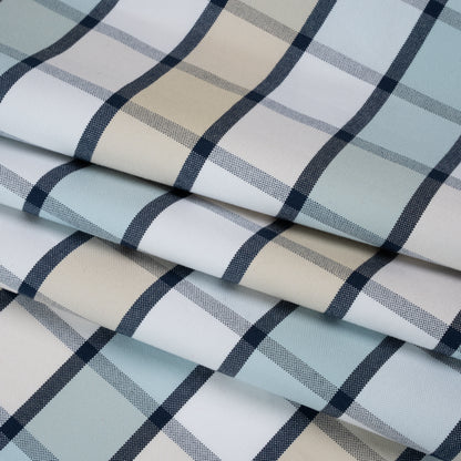 Cotton Oxford Shirting - Beige, Baby Blue and Navy Plaid - Deadstock
