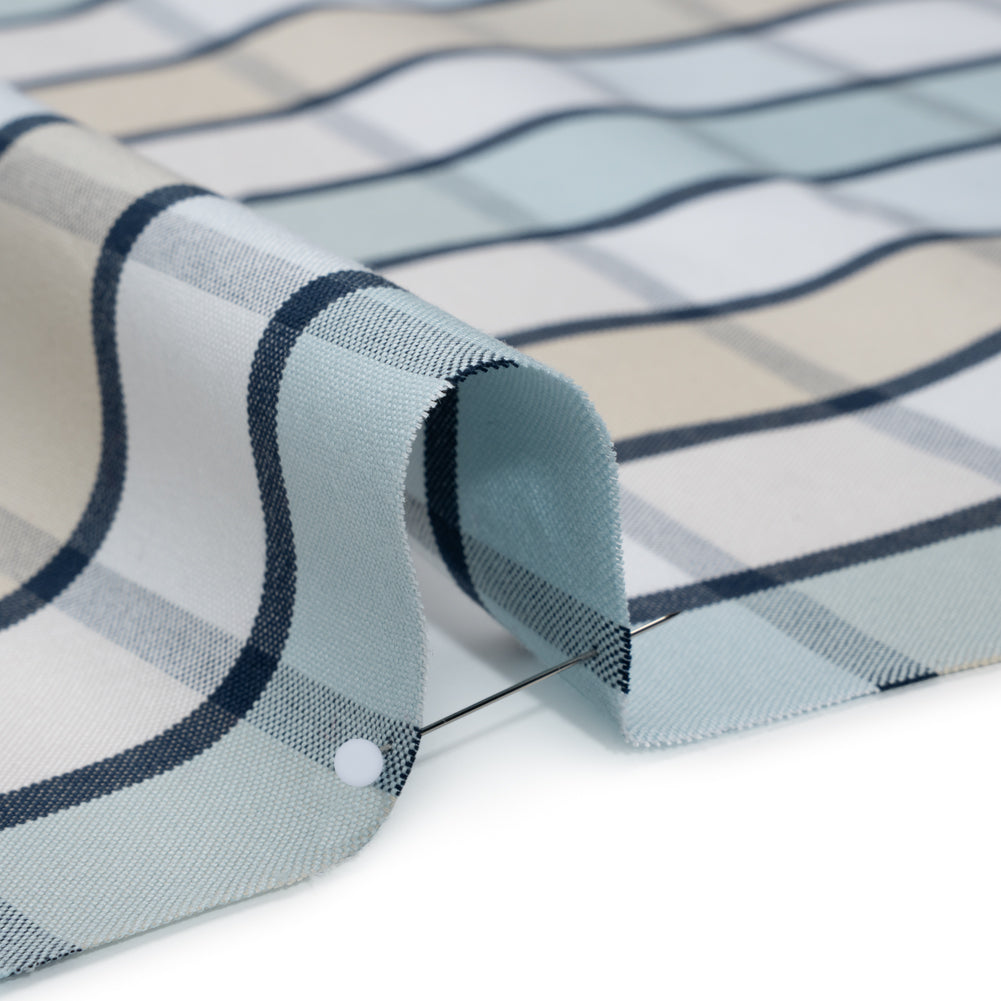 Cotton Oxford Shirting - Beige, Baby Blue and Navy Plaid - Deadstock - Detail