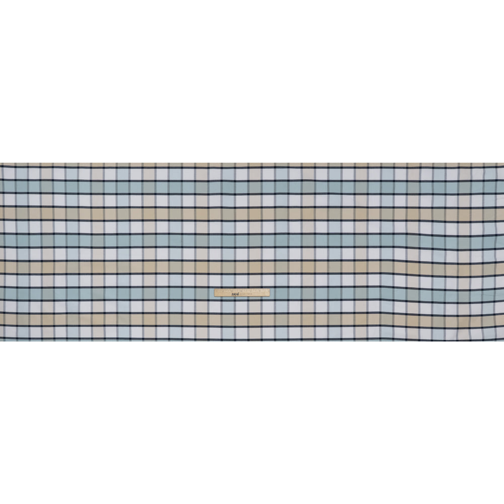 Cotton Oxford Shirting - Beige, Baby Blue and Navy Plaid - Deadstock - Full