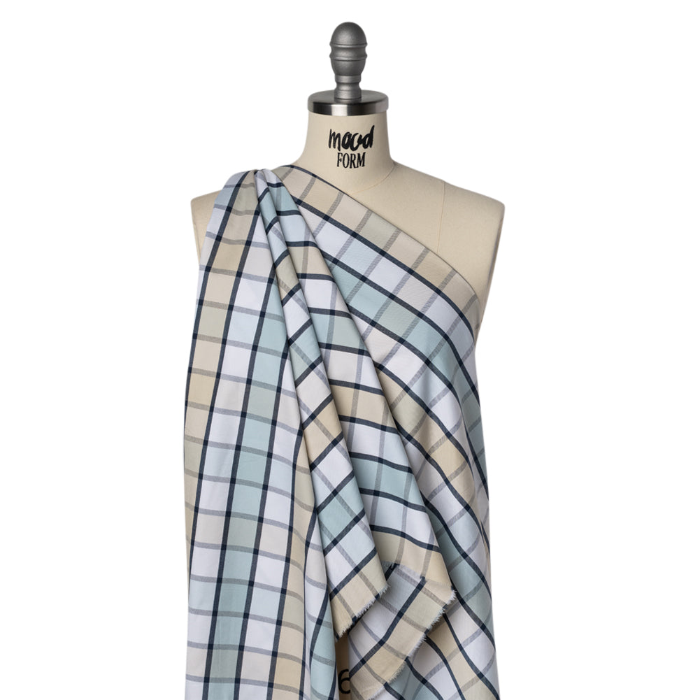 Cotton Oxford Shirting - Beige, Baby Blue and Navy Plaid - Deadstock - Drape