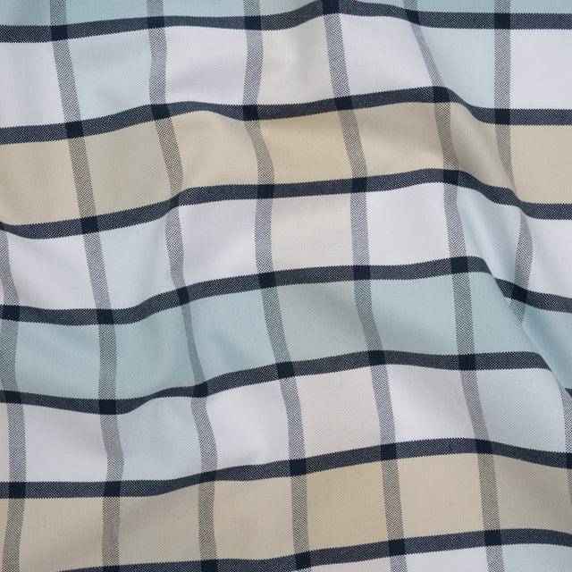 Cotton Oxford Shirting - Beige, Baby Blue and Navy Plaid - Deadstock