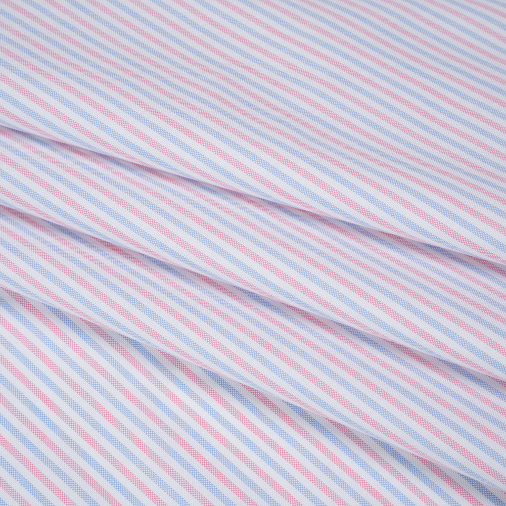 Cotton Oxford Shirting - Pale Blue, Baby Pink and White Candy Stripes - Deadstock - Folded