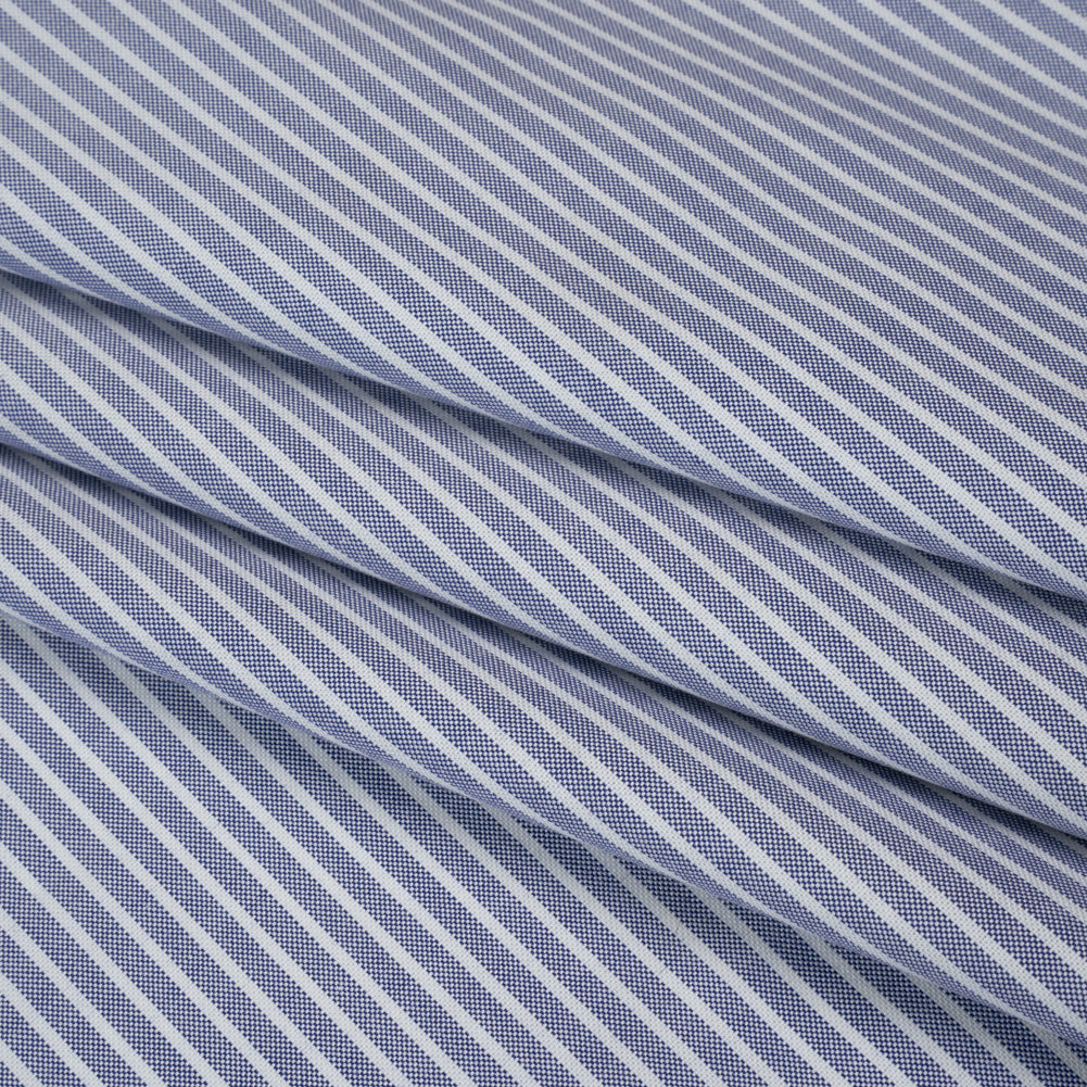 Cotton Oxford Shirting - Dark Blue and White Stripes - Designer Deadstock - Folded