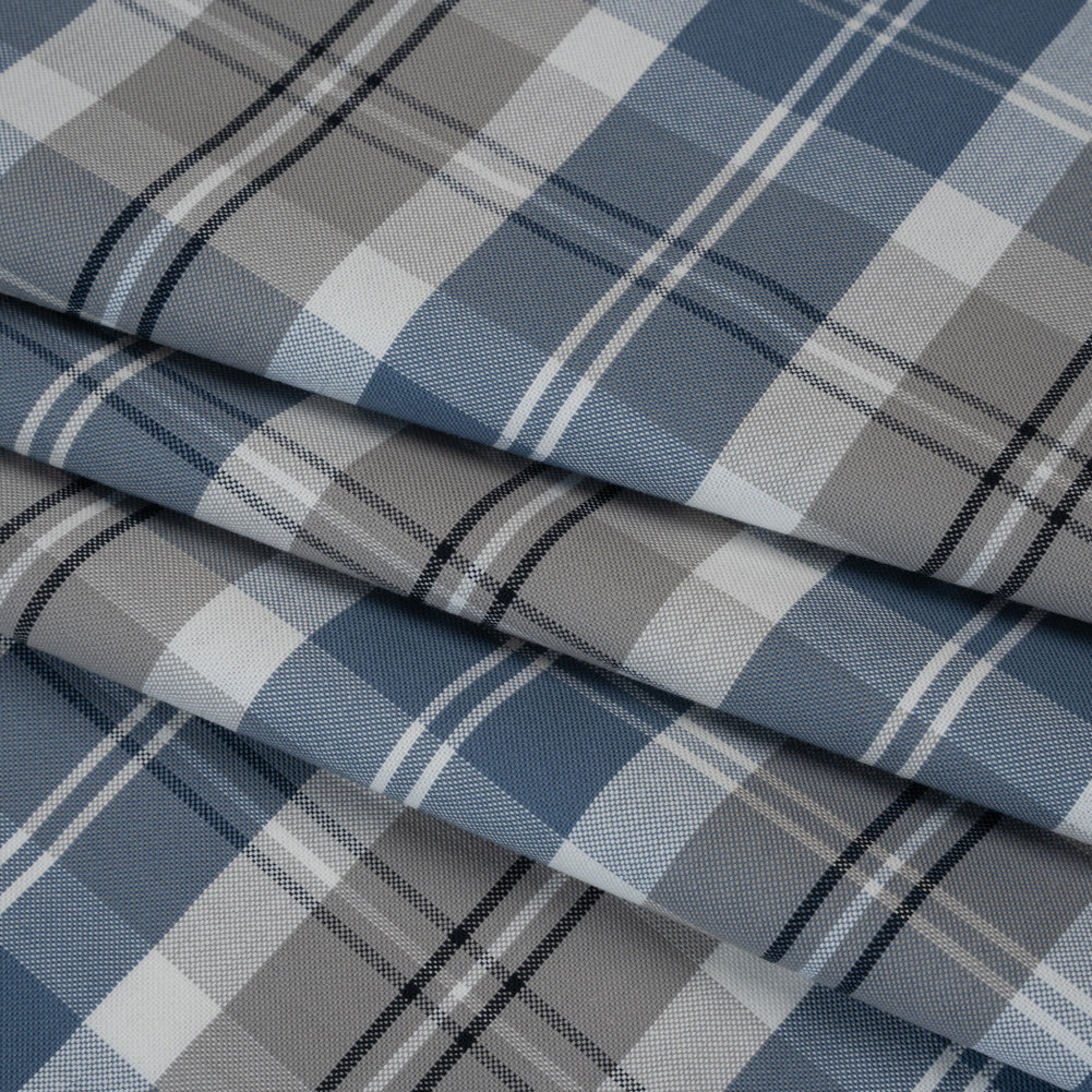 Cotton Oxford Shirting - Country Blue, Steel Gray and Midnight Plaid - Deadstock - Folded