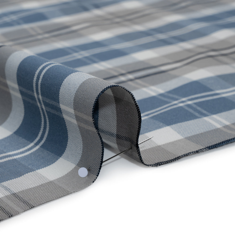 Cotton Oxford Shirting - Country Blue, Steel Gray and Midnight Plaid - Deadstock - Detail