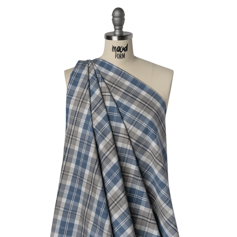 Cotton Oxford Shirting - Country Blue, Steel Gray and Midnight Plaid - Deadstock - Drape