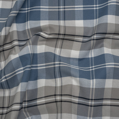 Cotton Oxford Shirting - Country Blue, Steel Gray and Midnight Plaid - Deadstock